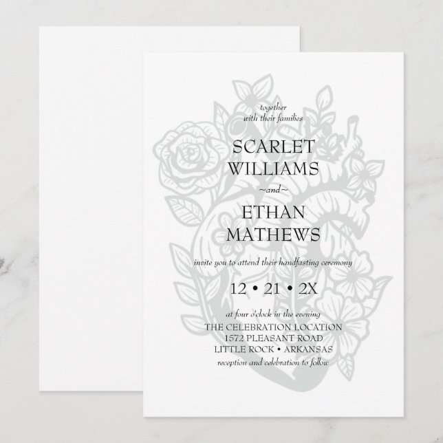 White Gothic Floral Heart Bloom Handfasting Invitation (Front/Back)