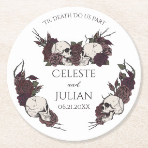 White Gothic Floral Til Death Wedding Round Paper Coaster