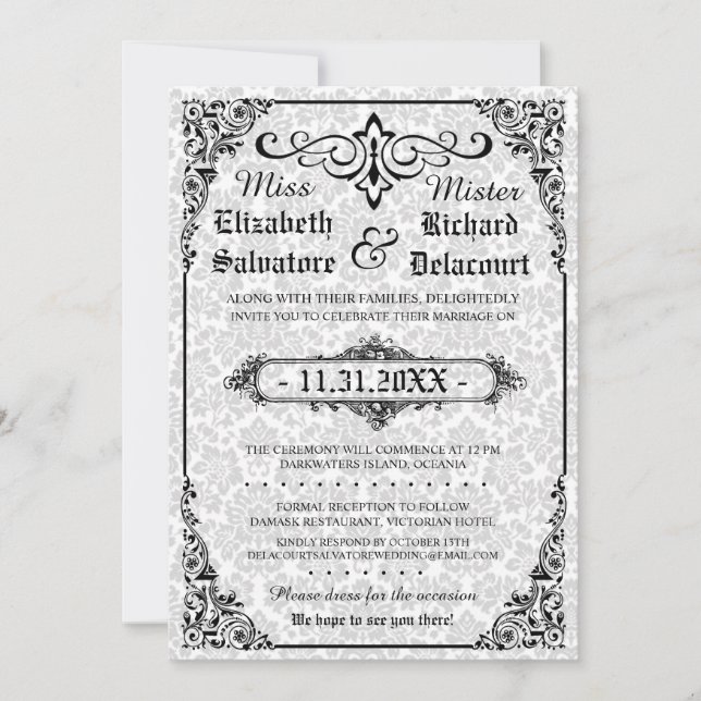White Gothic Victorian Damask Wedding Invites (Front)