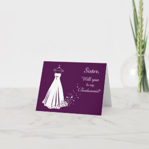 White gown, heart on purple Sister Bridesmaid card