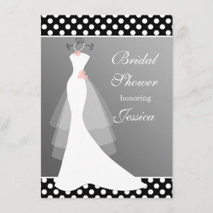 White gown on grey, polka dot Bridal Shower Invitation