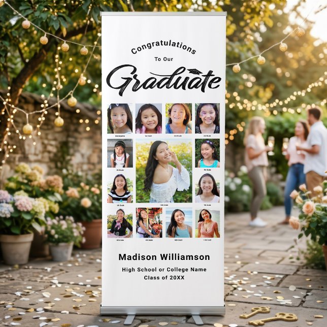 White Grad K–12 Photo Collage Black Modern Script Retractable Banner (Creator Uploaded)