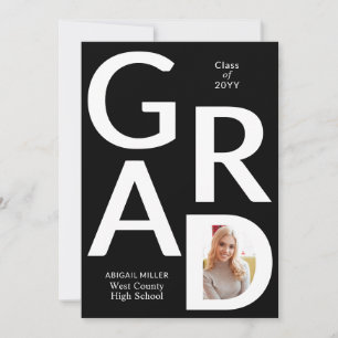White GRAD on black Class of 2025 photo graduation Announcement