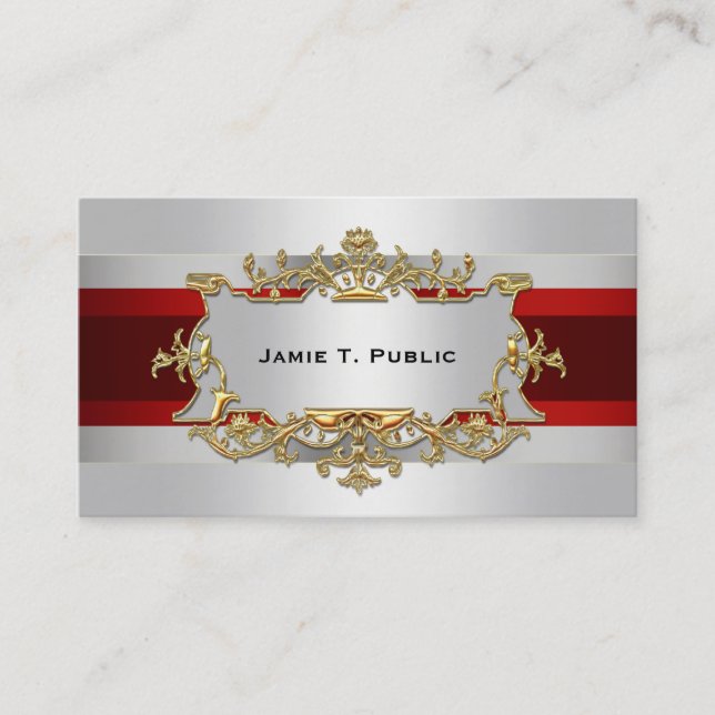 White Gradient, Red Ribbon, Gold Framed Label Business Card (Front)