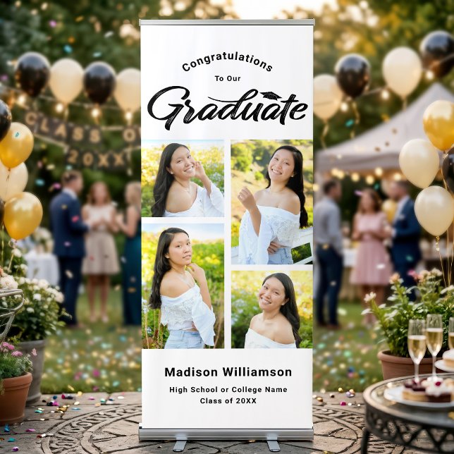 White Graduate 4 Photo Collage Black Modern Script Retractable Banner (Creator Uploaded)