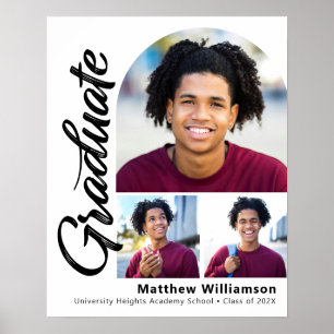 White Graduation 3 Photo Bold Arch Black Script Poster