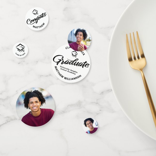 White Graduation 3 Photo Bold Black Script Cap Confetti (Group)