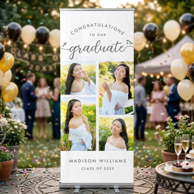 White Graduation 4 Photo Collage Script Hearts Retractable Banner (Creator Uploaded)