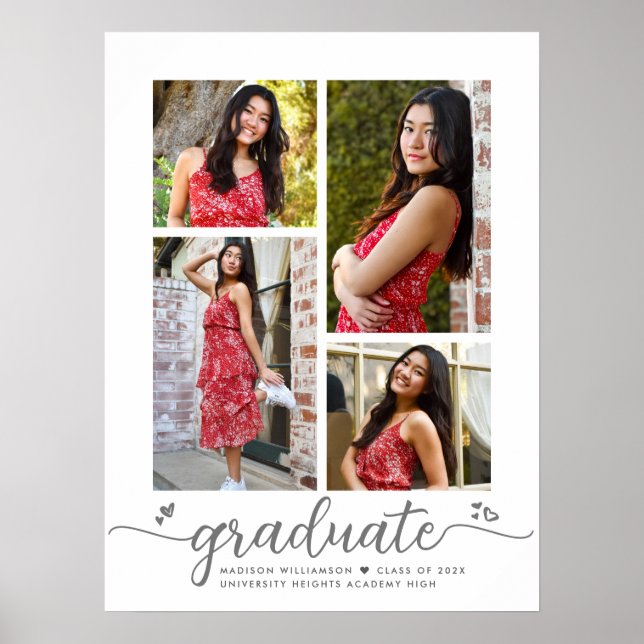 White Graduation 4 Photo Grey Script Hearts Girly Poster (Front)