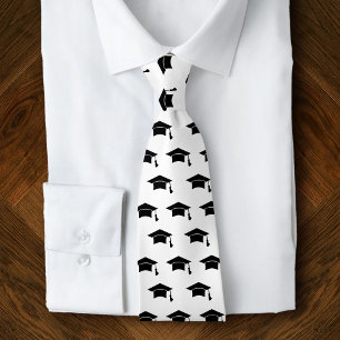 White Graduation Black Cap Icon Pattern Keepsake Tie