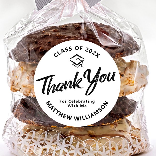 White Graduation Bold Black Script Cap Thank You Classic Round Sticker (Creator Uploaded)