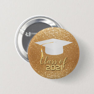 White Graduation Cap - Class of 20XX Gold Glitter 6 Cm Round Badge
