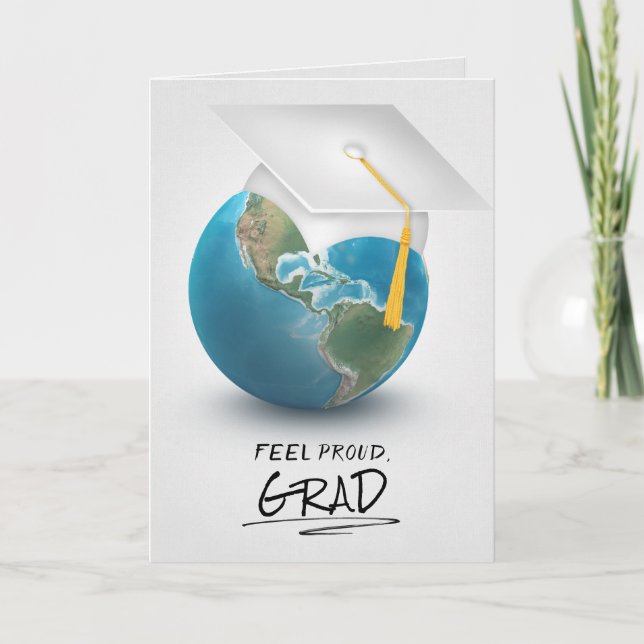 white graduation cap on globe card (Front)