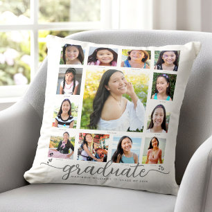 White Graduation K–12 Modern Script Photo Collage  Cushion