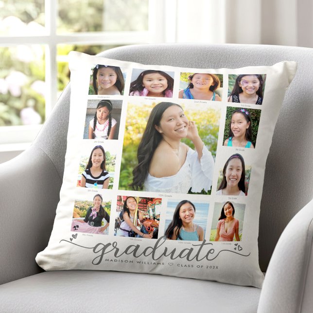 White Graduation K–12 Modern Script Photo Collage  Cushion (Creator Uploaded)