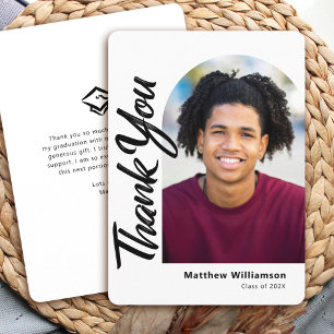 White Graduation Photo Bold Arch Black Script Type Thank You Card