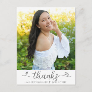 White Graduation Photo Script Hearts Thank You Postcard