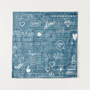White graffiti on blue wall modern text art tapestry