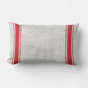 White Grain Sack Red Vertical Stripes Lumbar Cushion