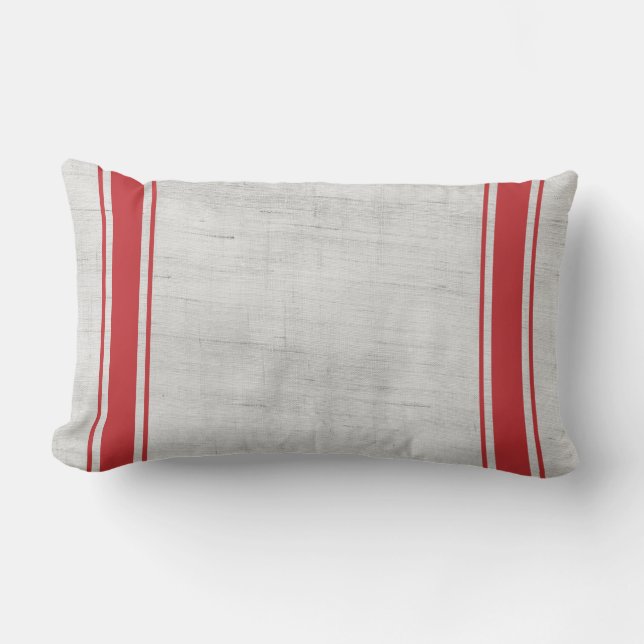 White Grain Sack Red Vertical Stripes Lumbar Cushion (Front)