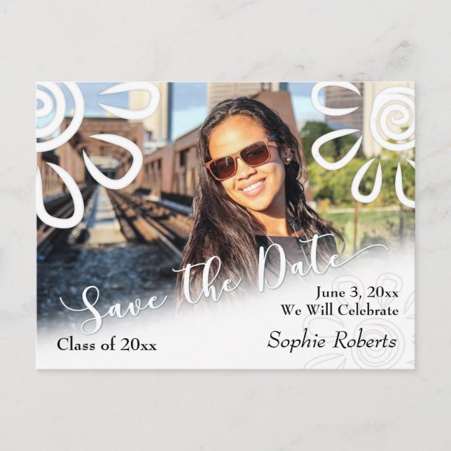 White Graphic Floral Save the Date Graduation Announcement Postcard (Front)