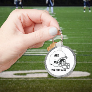 White Gray Football Helmet Silver Border Key Ring