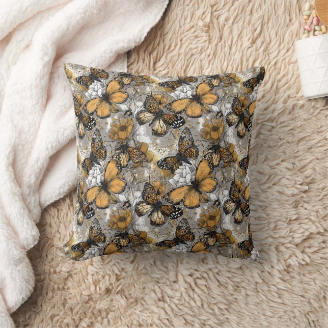 White Gray Gold Elegant Floral Monarch Butterfly Cushion (Blanket)