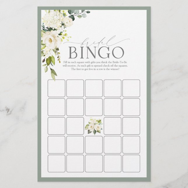 White Gray Green Watercolor Bridal Bingo Game (Front)
