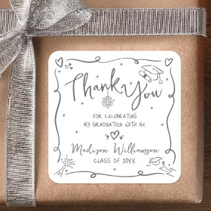 White Gray Hand Drawn Doodle Graduation Thank You Square Sticker