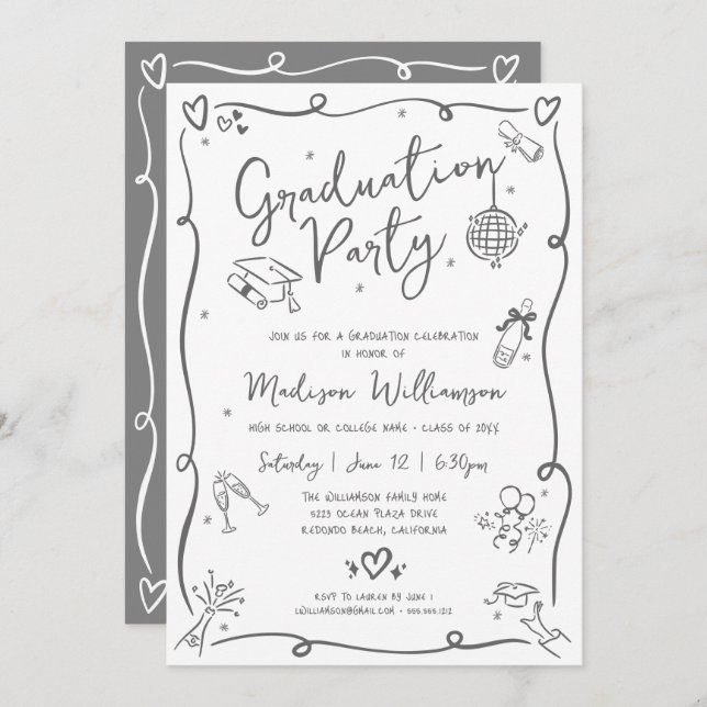 White Gray Hand Drawn Doodles Graduation Fun Party Invitation (Front/Back)