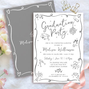 White Gray Hand Drawn Doodles Graduation Fun Party Invitation