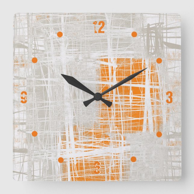 White gray orange abstract square wall clock (Front)