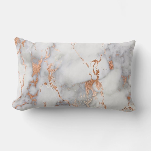 White Gray Pink Rose Brush Copper Glam Marble Lumbar Cushion (Front)