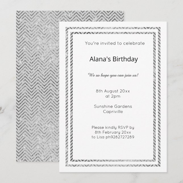 WHITE GRAY SILVER CHEVRON TRIM BIRTHDAY INVITATION (Front/Back)