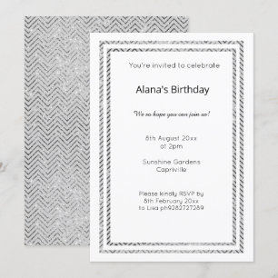 WHITE GRAY SILVER CHEVRON TRIM BIRTHDAY INVITATION