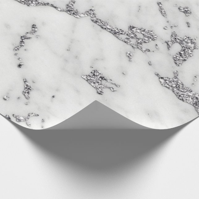 White Gray Silver Glitter Metallic Carrara Marble Wrapping Paper (Corner)