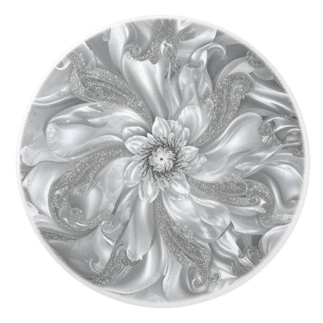 white gray silver marble flower Dream Abstract  Ceramic Knob (Front)