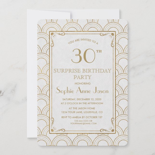 White Great Gatsby Art Deco Gold Birthday Party Invitation (Front)