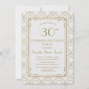 White Great Gatsby Art Deco Gold Birthday Party Invitation