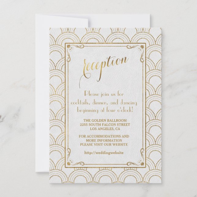 White Great Gatsby Art Deco Gold Reception Invitation (Front)
