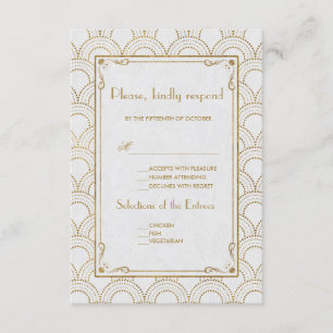 White Great Gatsby Art Deco Gold Wedding RSVP Card