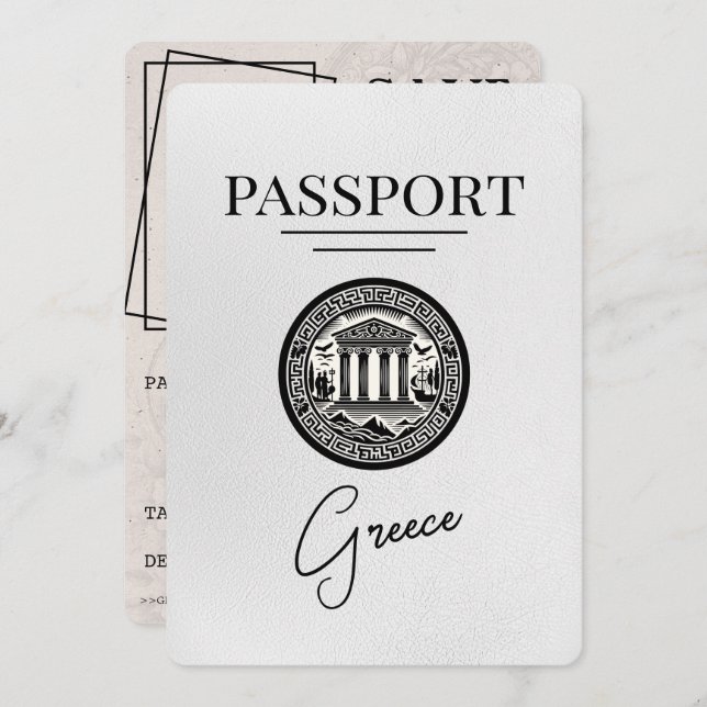 White Greece Passport Save the Date Card (Front/Back)