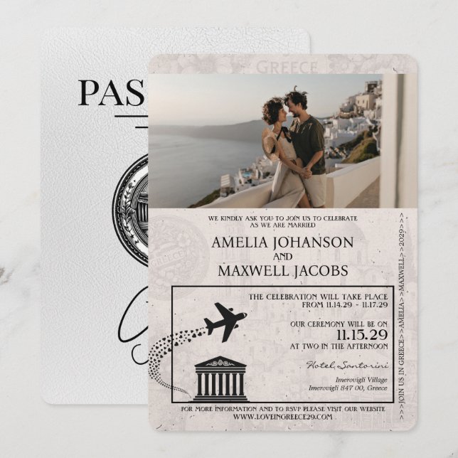 White Greece Passport Wedding Invitation (Front/Back)