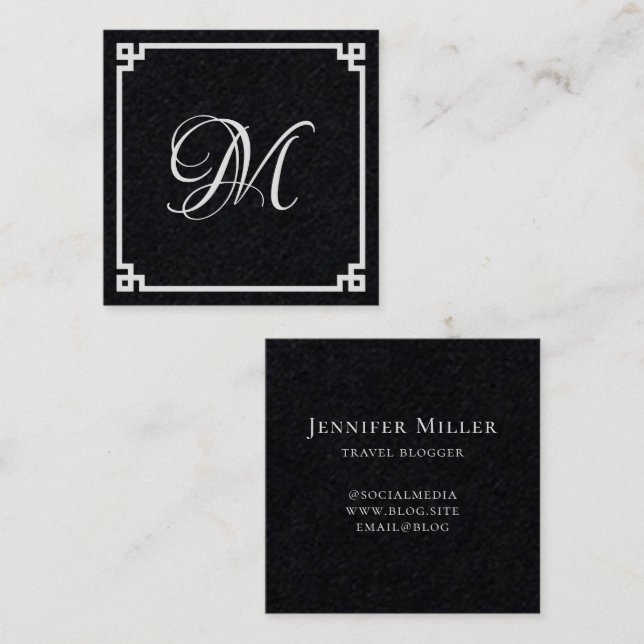 White Greek Key Calligraphy Monogram Square Business Card (Front/Back)