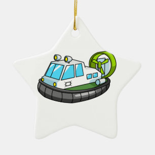 White, Green, and Black Cartoon Hovercraft Ceramic Tree Decoration