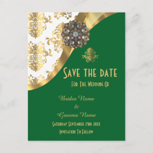 White, green and gold damask save the date announcement postcard