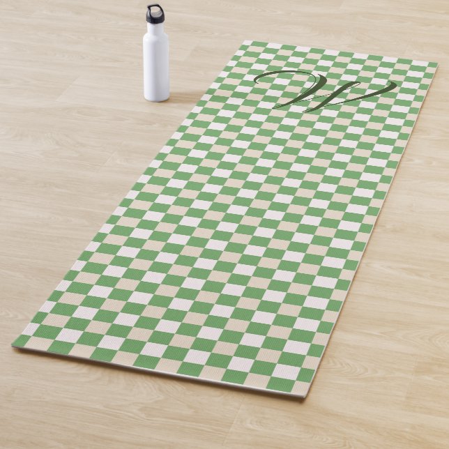 White, Green & Beige Chequerboard Monogrammed Yoga Mat (In Situ)