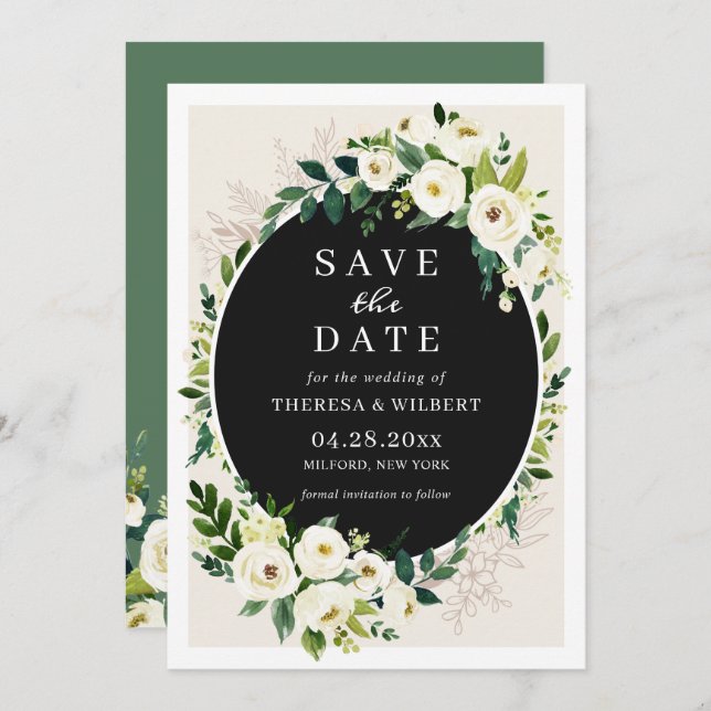 White Green Bloom Floral Wedding Save the Date Invitation (Front/Back)