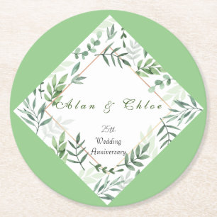 White Green Botanical 25th Wedding Paper Coaster