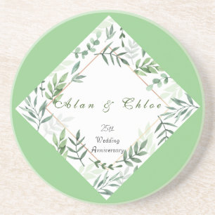 White Green Botanical Wedding Sandstone Coaster